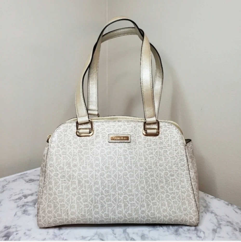 Calvin Klein Large Almond Monogram Satchel - Like New | Metallic Gold & Cream